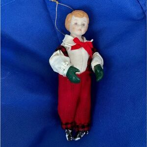 Vintage Porcelain Boy Doll Christmas Tree Ornament Hand Painted In Red Jumper